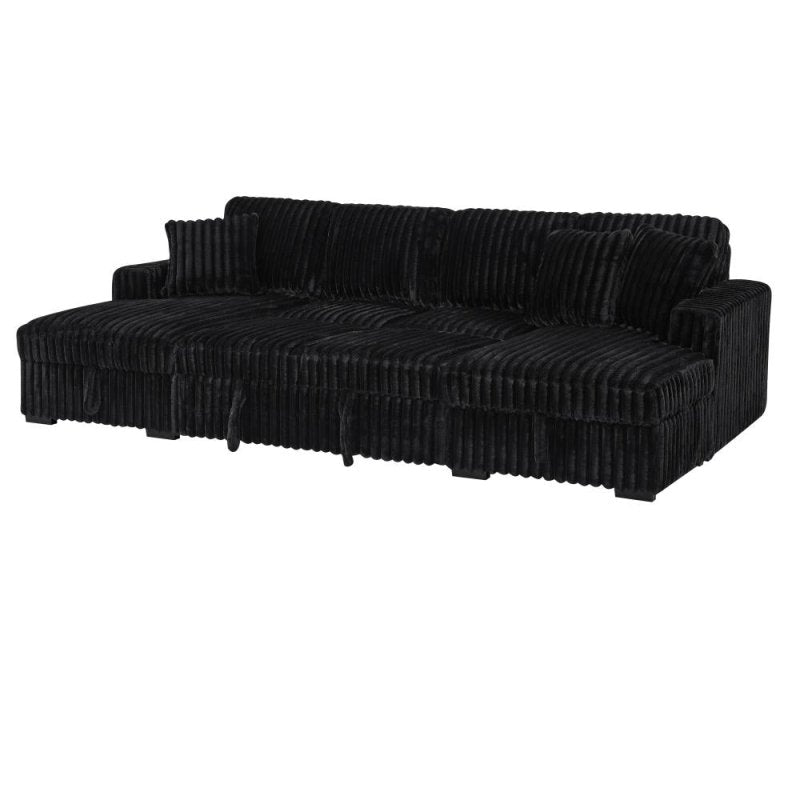 122'' U shape corduroy Sleeper Sofa with Pull Out bed Sectional couch black - BBTJOINT