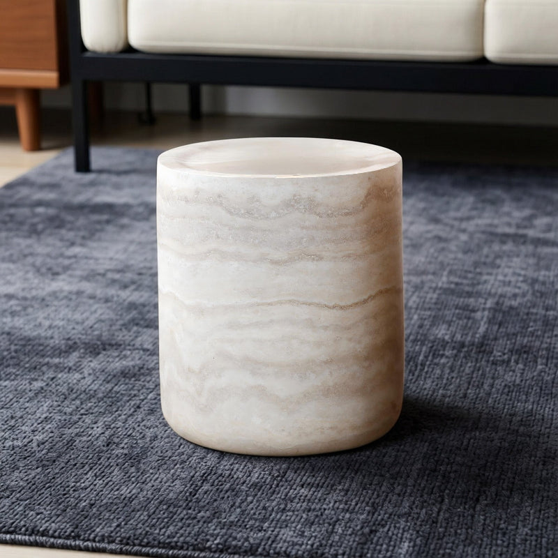BBTJOINT Travertine Cylindrical Marble Side Table, Beige with Natural Stone Veining