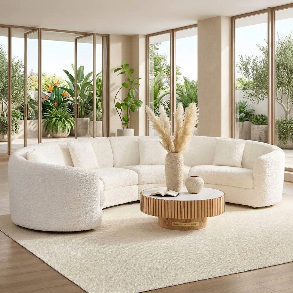 Comfy Upholstered boucle fabric round Curved U - shape sectional Sofa white - BBTJOINT