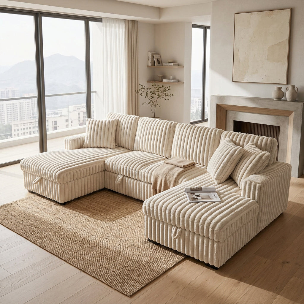 Convertible U shape sleeper sectional couch with pull out bed khaki - BBTJOINT
