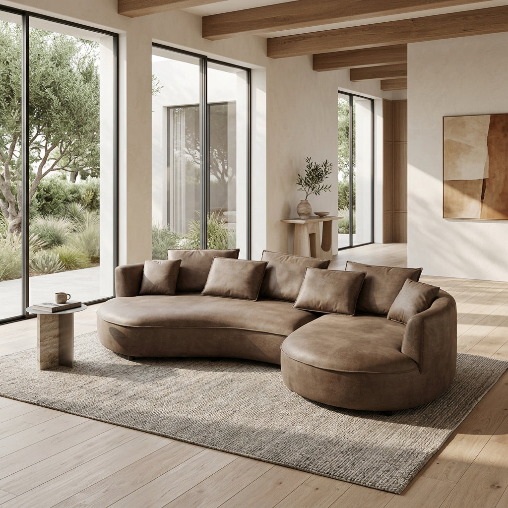 curved L - shape sectional sofa featuring premium brown boucle fabric. - BBTJOINT