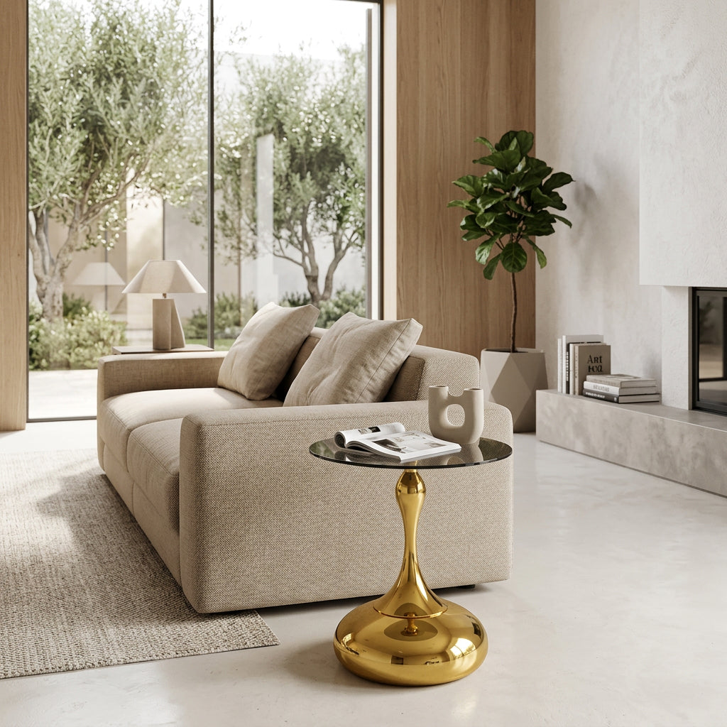 Elegant Gold Small Round Side end Table with Tempered Glass Top for Living Room - BBTJOINT