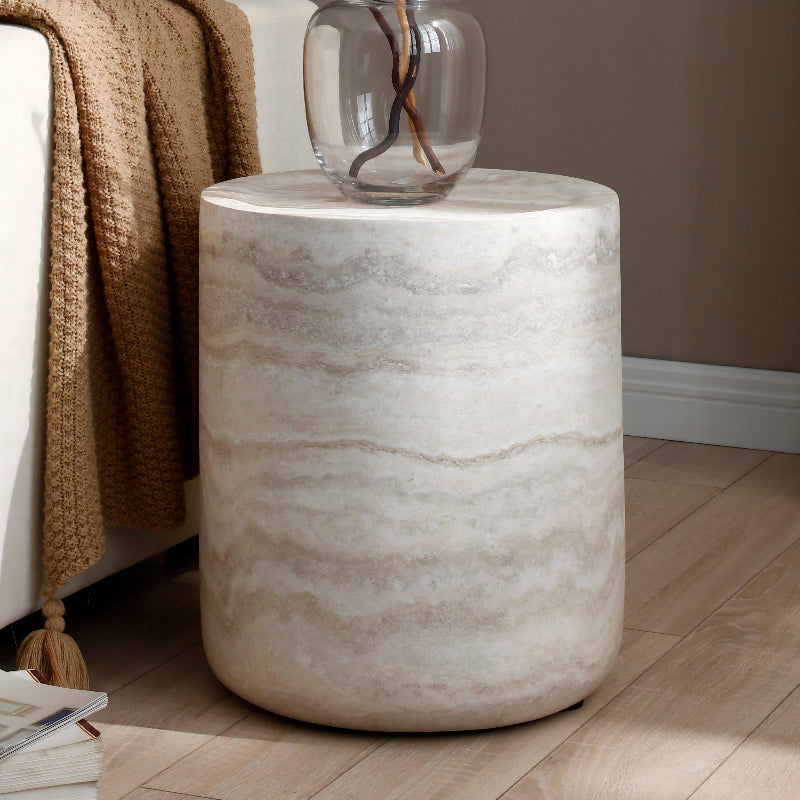 BBTJOINT Travertine Cylindrical Marble Side Table, Beige with Natural Stone Veining