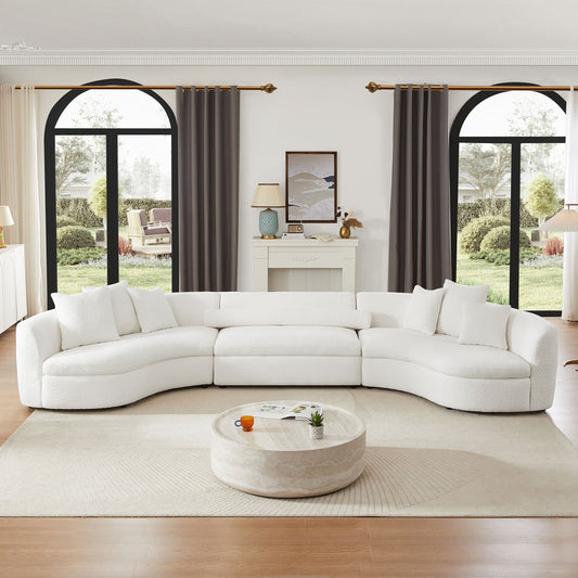 White Boucle V-Shape Curved Sofa – 2-Piece Modular Design for a Stylish Living Room