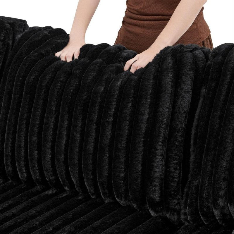 122'' U shape corduroy Sleeper Sofa with Pull Out bed Sectional couch black - BBTJOINT