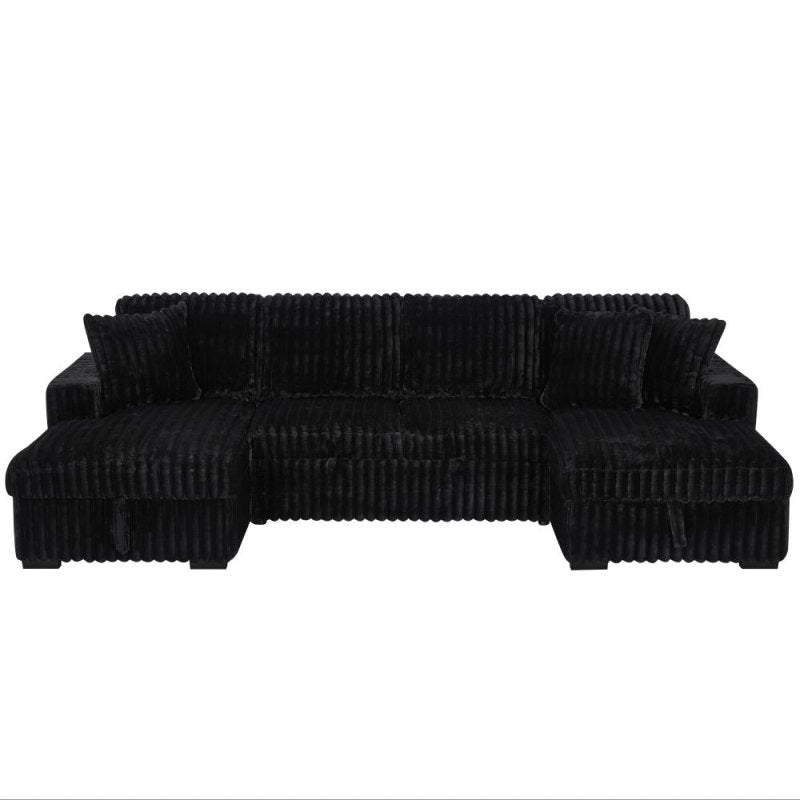 122'' U shape corduroy Sleeper Sofa with Pull Out bed Sectional couch black - BBTJOINT