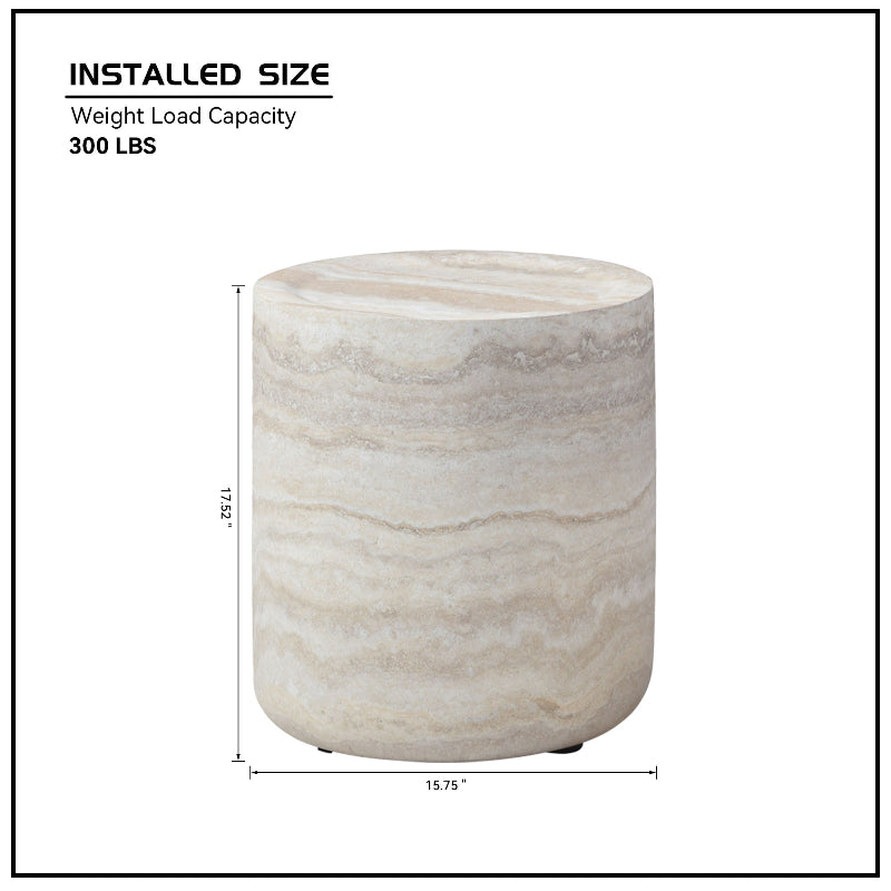 Dimension chart of a 17-inch round travertine end table, showing 15.75-inch width, 17.32-inch height, and 300 lbs weight capacity.
