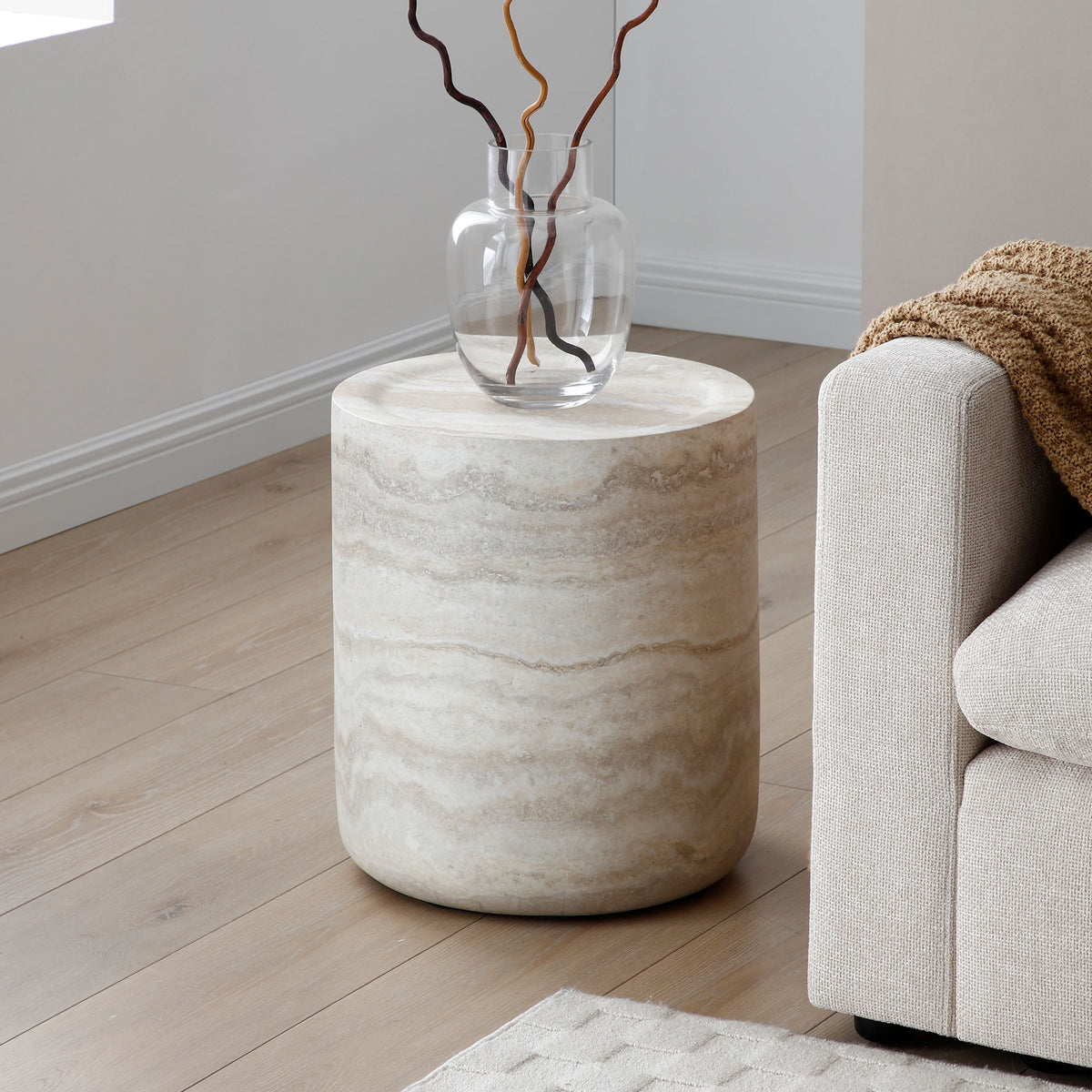 BBTJOINT Travertine Cylindrical Marble Side Table, Beige with Natural Stone Veining