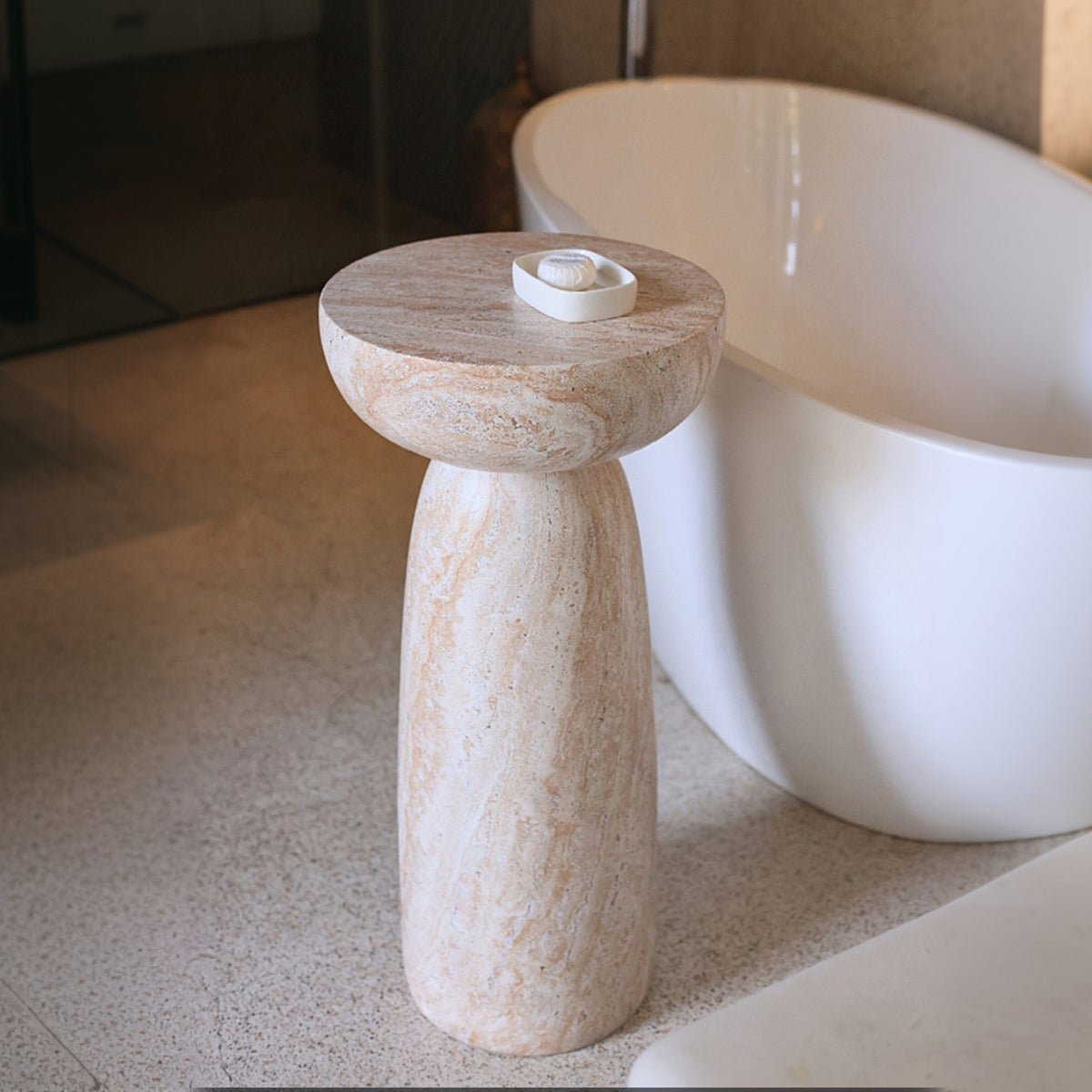 BBTJOINT Travertine Stone Pedestal Side Table, Round Top End Table, 28'' High Tables
