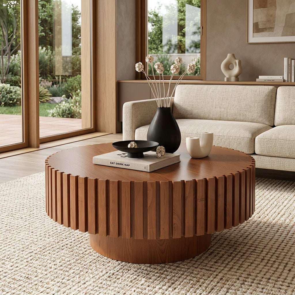 Handcrafted Round shape wood Coffee Table brown - BBTJOINT
