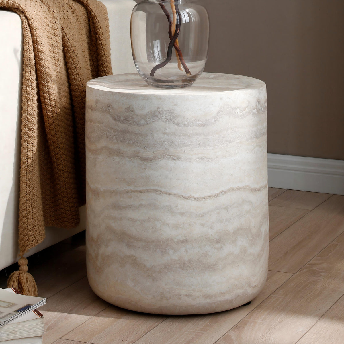 BBTJOINT Travertine Cylindrical Marble Side Table, Beige with Natural Stone Veining
