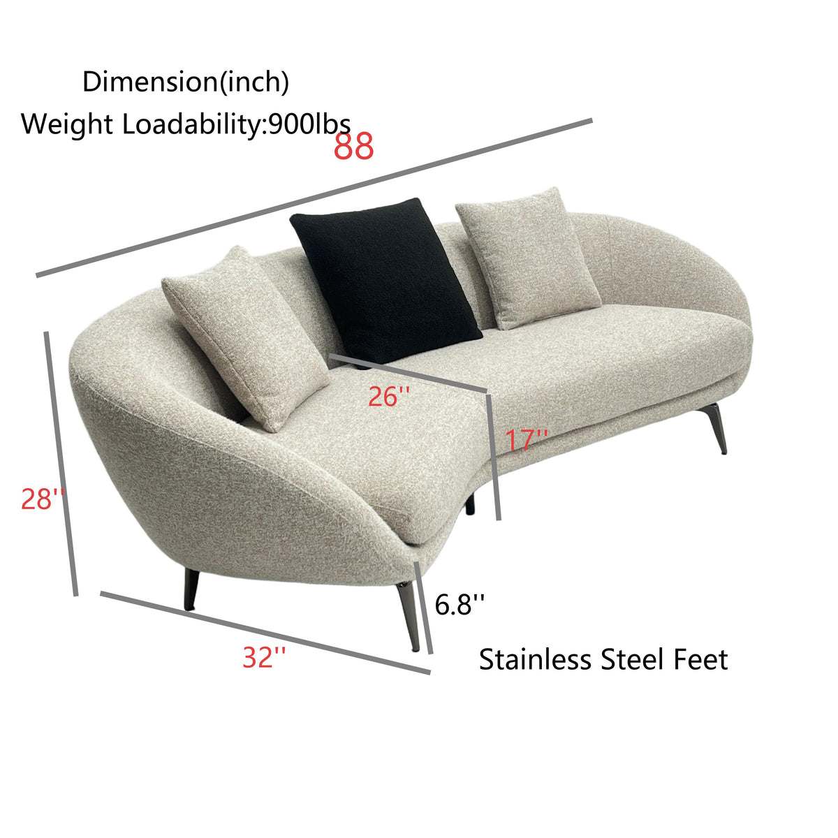 88'' length curved couch with pillows