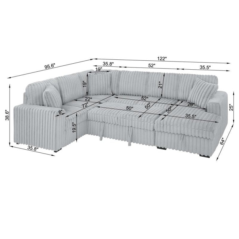 U shape sectional Pull - Out bed corduroy couch grey - BBTJOINT