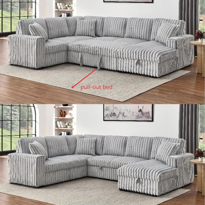 U shape sectional Pull - Out bed corduroy couch grey - BBTJOINT