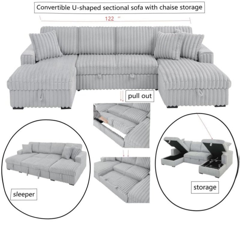 U Shaped convertible Sectional Sofa corduroy fabric couch with pull out bed - BBTJOINT